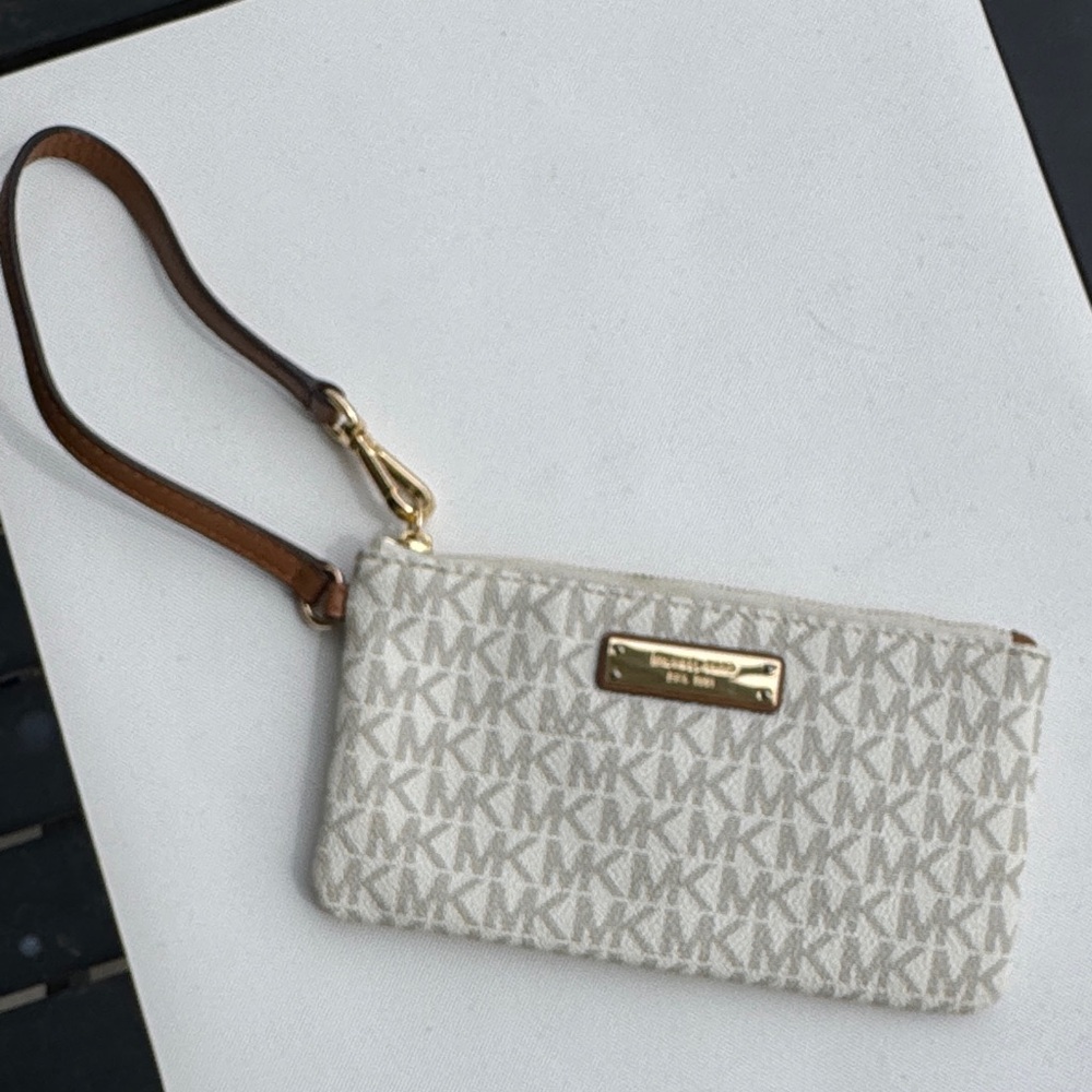 Michael Kors Beige/Ivory Signature Monogram Wristlet with Brown Strap